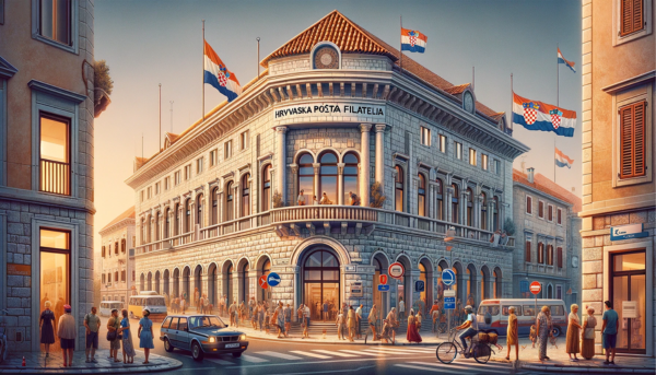 A horizontal, full-width image showcasing the Hrvatska pošta Filatelija building in Croatia, with the scene filled with life and activity. The architecture reflects a harmonious blend of Mediterranean and modern styles, featuring terracotta roof tiles, stone walls, and large windows. The setting is vibrant, with local Croatian people in a variety of attire, some traditional, showcasing the rich cultural heritage, while others are in modern, casual wear, reflecting the contemporary lifestyle. The streets around the building are bustling with a mix of vehicles, including cars, bicycles, and scooters, typical of an active Croatian city. Prominently displayed is the Croatian flag, fluttering in the breeze, symbolizing national pride. In the foreground, subtly integrated into the scene, is the URL 'https://www.cryptostampstop.com/', blending naturally with the environment, perhaps shown on a sign or digital display, ensuring it does not overshadow the beauty and activity of the Croatian post office scene.