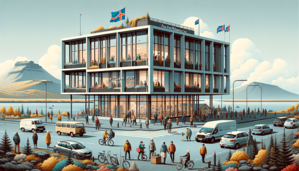 A horizontal, fully framed image of the Iceland Post Philatelic building in Iceland, filled with local life and cultural elements. The building showcases a modern Nordic design, with clean lines, large windows, and a minimalist approach. It's a two-story structure made of materials like steel, glass, and wood, painted in colors that blend with the Icelandic landscape. The scene around the building is lively with local Icelandic people in a mix of warm, outdoor clothing, reflecting the country's climate. Some are walking, others are standing and talking. Nearby, there are vehicles like small cars and bicycles, typical of Iceland's urban areas. The Icelandic flag is prominently displayed, either on a flagpole or on the building, adding a nationalistic touch. The environment is a blend of urban and natural, with small trees or shrubs, under a clear or slightly cloudy Icelandic sky.