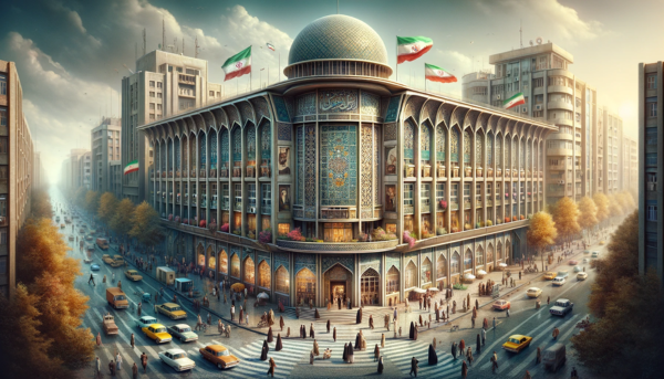 A wide, horizontal image of the Iran Post Philatelic building, part of the I.R.Iran Post Company. The building is designed in a contemporary Iranian architectural style, blending modern and traditional Persian elements. It's a two-story structure with features like a domed roof, intricate tilework, and large, ornate windows. The scene is bustling with activity, showing local people in a mix of traditional Iranian attire and modern clothing. They are walking, talking, and engaging in daily activities around the building. The streets are lined with typical Iranian vehicles, such as cars and motorcycles, adding a sense of liveliness. A prominent Iranian flag is displayed, either on a flagpole or hanging from the building, symbolizing national pride. The image captures the entire scene, showing the vibrant life and architectural beauty of Iran.