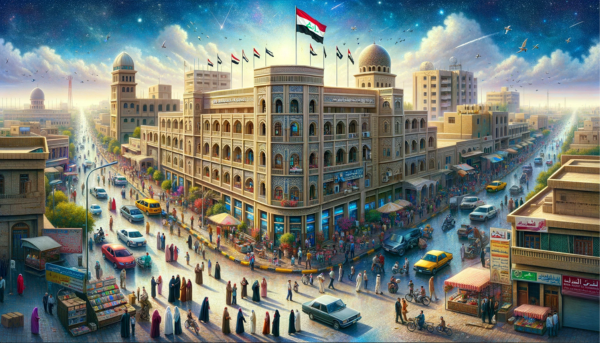 A wide, horizontal image of the Iraqi Post Philatelic building in Iraq, fully utilizing the entire field of view without cropping the sides. The scene is vibrant and bustling, capturing the essence of a typical Iraqi urban setting. The building reflects a blend of traditional Iraqi and modern architectural styles, featuring elements like arched windows and a flat roof. Local people are seen in the scene, wearing a mix of traditional Iraqi attire and modern clothes, engaged in various activities like walking, talking, and interacting near the building. The streets are lively with local vehicles, including cars and motorcycles, indicative of the busy city life. Prominently displayed is the Iraqi flag, either on a flagpole or attached to the building, symbolizing national pride and identity. The image is filled with rich details, capturing the lively atmosphere and cultural essence of Iraq.