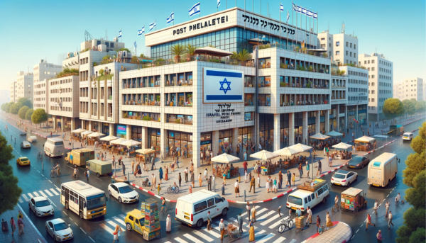 A full horizontal image of the Israel Post Philatelic building in Israel, featuring local people, vehicles, and the Israeli flag. The scene is bustling with activity, reflecting the vibrant urban life in Israel. Local people in a variety of attire, from traditional to modern, are seen walking, conversing, and engaging in daily activities near the building. Some are entering and exiting the building, while others are simply passing by. The streets are alive with typical Israeli vehicles, including cars and bicycles. Prominently displayed in the scene is the Israeli flag, either on a flagpole or attached to the building, symbolizing national pride. The architecture of the building blends modern design with elements characteristic of Israeli style, complete with a clear blue sky in the background.