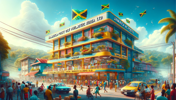 A horizontal image of the Jamaica Post Philatelic Bureau building, part of Jamaica Post Ltd, filled to the edges of the frame. The scene is vibrant and full of life, reflecting the culture of Jamaica. Local people in a mix of colorful casual and business attire are seen engaging in daily activities, walking, and interacting near the building. The street is bustling with local Jamaican vehicles like cars and motorbikes, adding to the lively atmosphere. The Jamaican flag is prominently displayed, either on a flagpole or on the building, symbolizing national pride. The building itself blends modern and Caribbean architectural styles, featuring bright colors and a welcoming facade. The sky is sunny and clear, typical of a Jamaican day.