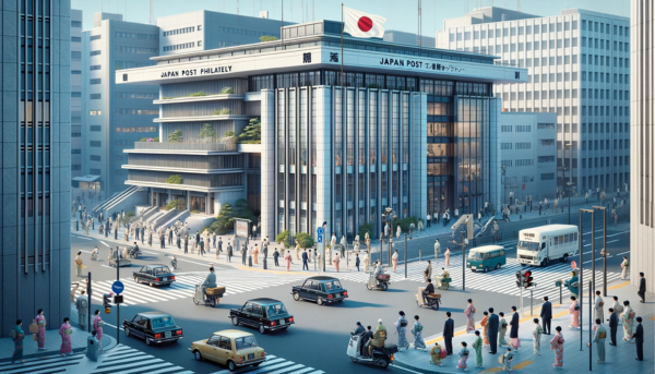 A horizontal, full-frame image of the Japan Post Philately building, incorporating local people, vehicles, and the Japanese flag. The scene captures the essence of urban life in Japan. The building reflects contemporary Japanese architecture, with sleek lines and a minimalist design, predominantly in shades of white and grey. It's a modern, multi-story structure with large glass windows and the name 'Japan Post Philately - Japan Post' displayed prominently. The street in front is bustling with activity. People in a mix of traditional kimonos and modern attire are walking, conversing, and going about their daily routines. Various Japanese vehicles, including compact cars and scooters, are visible. The Japanese flag waves gently, either atop the building or on a nearby flagpole, adding a sense of national identity to the setting.