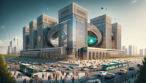 A horizontal image of the Kazpost Philatelic building in Kazakhstan, capturing the full width of the scene without cropping the sides. The building showcases a blend of modern and traditional Kazakh architectural styles. It's a large, impressive structure with elements of glass and steel, reflecting a contemporary design, and also featuring traditional Kazakh motifs. The scene is vibrant with local Kazakh people in a mix of traditional and modern attire, reflecting the cultural diversity of Kazakhstan. They are seen walking, conversing, and interacting in the area around the building. Various local vehicles, such as cars and buses, are present, adding a dynamic urban feel. Prominently displayed is the Kazakhstan flag, either on a flagpole or on the building, symbolizing national pride. The setting is an urban street in Kazakhstan under a clear sky.