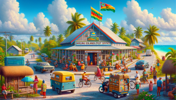 A vibrant, full-width horizontal image capturing the essence of the Keeling Islands Post Office Philately on the Cocos Islands. This lively scene is filled with local inhabitants in colorful, tropical attire, showcasing the island's rich culture and relaxed lifestyle. The area around the post office is bustling with activity: people are seen chatting, mailing letters, and enjoying the sunny weather. Local vehicles, such as bicycles, scooters, and small cars, add a dynamic element to the scene, parked or gently moving along the nearby roads. The Cocos Islands flag waves proudly in the breeze, symbolizing the community's pride. The post office building itself is designed with a tropical aesthetic, featuring bright colors, open windows, and a welcoming vibe. Above all, the clear, blue sky and lush greenery encapsulate the paradise-like atmosphere of the islands. The URL 'https://www.cryptostampstop.com/' is seamlessly incorporated into the image, appearing naturally within the environment, perhaps on a sign or banner within the scene.