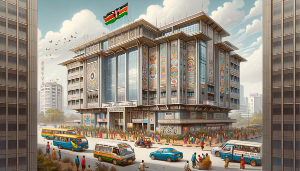 A horizontal image depicting the Kenya Post Philatelic Bureau, also known as Posta Kenya, in a full view without cropping the sides. The building is a modern structure with elements of traditional Kenyan architecture. It's a two-story building with a mix of glass and concrete, and the facade includes cultural motifs reflecting Kenyan heritage. The scene around the building is vibrant, with local Kenyan people in a mix of traditional and contemporary attire. They are walking, interacting, and some are entering the building. Various local vehicles, like minibuses and cars, are visible on the street, adding a sense of activity. The Kenyan flag is prominently displayed on a flagpole or attached to the building, symbolizing national pride. The background includes a clear sky and typical urban surroundings of Nairobi.