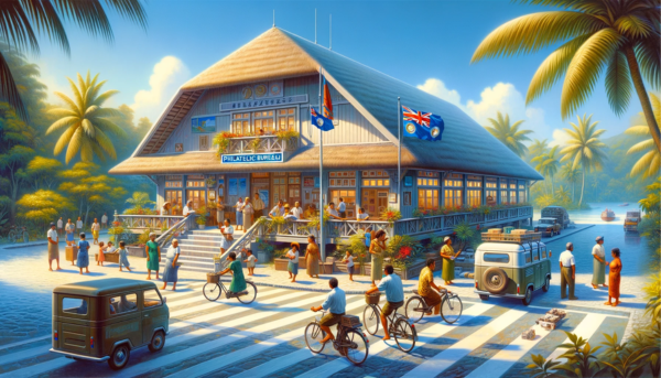 A horizontal, expansive image showcasing the Kiribati Philatelic Bureau, with a vivid portrayal of local life including people, vehicles, and the national flag. The building embodies a tropical Pacific architectural style, featuring a thatched roof and a wooden framework. It's a quaint, single-story structure, exuding a warm, inviting ambiance. The scene is animated with Kiribati residents wearing a blend of traditional and contemporary attire, illustrating the island's rich cultural tapestry. They are depicted engaged in various activities, like walking and socializing in the vicinity of the bureau. The environment is dotted with typical island vehicles like bicycles and scooters. Prominently, the Kiribati flag is displayed, either on a flagpole or on the building, symbolizing the island's heritage. The setting is lush with tropical greenery, under a bright, azure sky, encapsulating the essence of a day in Kiribati.