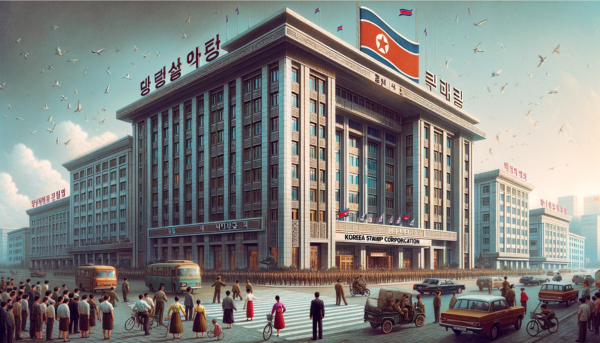 A horizontal image depicting a bustling scene outside the Korea Stamp Corporation building in North Korea. The building showcases a blend of modern and traditional Korean architectural elements. It's a medium-sized, multi-story structure with a combination of concrete and glass. The entrance displays the name 'Korea Stamp Corporation' in both Korean and English. The scene is filled with local people in a mix of traditional Korean attire and modern clothing, reflecting the diverse street life. Vehicles common in North Korea, such as bikes and cars, are visible on the streets, adding to the liveliness. A North Korean flag is prominently displayed, either on a flagpole or on the building, symbolizing national identity. The overall atmosphere is busy yet orderly, typical of an urban setting in North Korea.