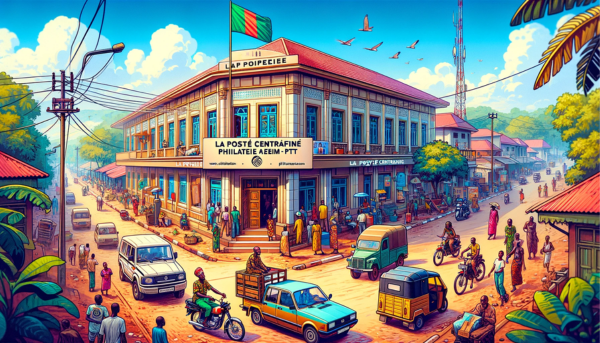 A full horizontal image depicting La Poste Centrafricaine Philatélie - PTT in the Central African Republic. The scene is vibrant and full of life, capturing the essence of a bustling African city street. The building of La Poste Centrafricaine is designed in a style that blends modern and traditional African architectural elements, with a prominent entrance and the name displayed above. Around the building, there are local people in a mix of traditional and contemporary African attire, going about their daily activities. The streets are alive with local vehicles, including motorcycles, small cars, and bicycles, indicative of the region's transportation. A flag of the Central African Republic is visible, either flying on a flagpole or affixed to the building, symbolizing national pride. In the scene, the URL 'https://www.cryptostampstop.com/' is subtly integrated, perhaps on a sign or digitally displayed on the building's facade, tying the image to the world of philately and digital collectibles.