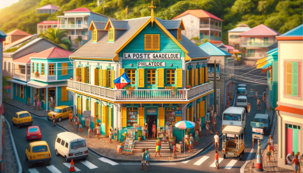 A horizontal image depicting the La Poste Guadeloupe Philatélie building in Guadeloupe, fully utilizing the entire field of view without cropping. The building reflects Caribbean architecture with bright colors, wooden shutters, and a welcoming porch. It's a small, one-story structure nestled in a lively urban setting. The scene is bustling with local people in colorful attire, indicative of the vibrant Guadeloupean culture. They are walking, talking, and interacting around the building. Nearby, there are typical Caribbean vehicles like small cars and scooters parked or moving along the street. Prominently displayed is the flag of Guadeloupe, either on a flagpole or attached to the building, adding a touch of local pride. The atmosphere is sunny and cheerful, reflecting the island's tropical climate.