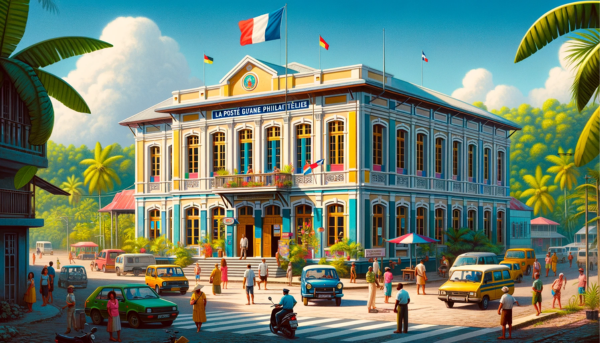 A horizontal, fully-framed image of the La Poste Guyane Philatélie building in French Guiana, including local people, vehicles, and a flag. The building reflects a tropical French architectural style, with colorful facade and large windows. It's a two-story structure with a welcoming entrance. The scene around the building is vibrant, with local people in a mix of tropical casual and business attire, indicative of the diverse culture in French Guiana. They are seen walking, engaging in conversations, and some are entering or exiting the building. The street is alive with typical local vehicles such as cars and scooters. The flag of French Guiana is prominently displayed, either on a flagpole or on the building, adding a sense of local pride. The surrounding environment is lush with tropical vegetation, under a bright, sunny sky.