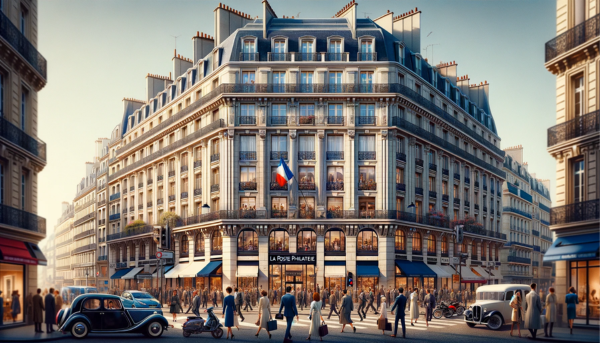 A horizontal image of 'La Poste Philatélie' in France, filling the entire field of view without cropping the sides. The scene captures the essence of urban France, bustling with activity. The building reflects classic French architecture with a modern touch, featuring elegant stone facades and large windows. In front of the building, there are people in various styles of dress, from chic casual to business attire, reflecting the diversity of French urban life. The streets are busy with typical French vehicles, including cars and scooters. A French flag is prominently displayed, either on a flagpole or on the building itself, adding a patriotic touch to the scene. The overall atmosphere is lively and distinctly French, set under a clear sky.