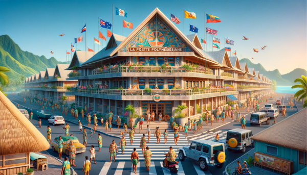 A horizontal image of La Poste Polynésienne Philatélie building in French Polynesia, filling the entire field of view. The building is a fusion of modern and Polynesian architectural styles, featuring tropical design elements. It's a one-story structure with a sloping roof and walls adorned with Polynesian motifs. The scene is lively with local people wearing tropical attire, embodying the vibrant Polynesian culture. They are seen walking, talking, and engaging in daily activities around the building. Various local vehicles, like scooters and jeeps, are visible on the streets, adding to the bustling atmosphere. The flag of French Polynesia is prominently displayed, either on a flagpole or on the building, capturing the essence of the locale. The backdrop is a clear blue sky, complementing the tropical setting.