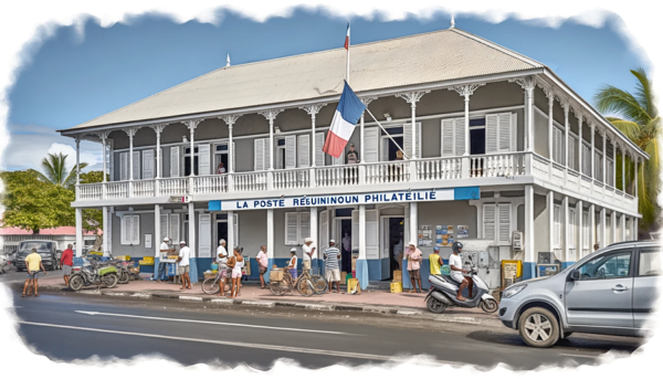 A horizontal image depicting La Poste Réunion Philatélie, including local people, vehicles, and the French flag, representing Réunion's colonial history. The building has a tropical, French colonial architectural style, with large windows, a balcony, and a white facade. The entrance has a sign 'La Poste Réunion Philatélie' in a stylish font. The scene around the building is lively, capturing the essence of life in Réunion. Local people in diverse attire, reflecting the island's multicultural society, are seen walking, chatting, and conducting their daily activities. Nearby, various vehicles such as cars and scooters are parked or moving along the street. A French flag is prominently displayed, either flying on a flagpole or hanging from the building, symbolizing Réunion's historical connection to France.