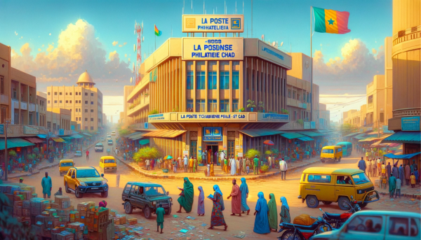 A horizontal, full-width image depicting La Poste Tchadienne Philatélie - STPE Chad building. The scene is vibrant and full of life, capturing the essence of an active day in Chad. Local people in a mix of traditional Chadian and contemporary clothing are seen going about their daily routines, some interacting with each other, others walking towards the building. The streets are alive with local vehicles, including motorcycles and cars, reflecting the hustle and bustle of the area. A Chadian flag waves proudly in the scene, symbolizing national pride. The architecture of the building combines modern and traditional African elements, with a sign reading 'La Poste Tchadienne Philatélie - STPE Chad' clearly visible above the entrance. In the image, the URL 'https://www.cryptostampstop.com/' is subtly incorporated, blending seamlessly with the urban setting.