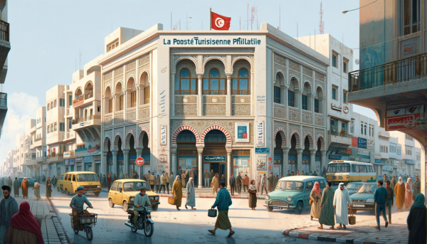 A horizontal image of the La Poste Tunisienne Philatélie building in Tunisia, featuring local people and vehicles. The scene captures the essence of a bustling Tunisian city. Local people in a mix of traditional Tunisian attire and modern clothing are seen engaging in daily activities, walking, and conversing near the building. Some are entering and exiting the building, adding a sense of liveliness. The street is lined with typical Tunisian vehicles like compact cars and motorbikes, reflecting the busy urban life. The Tunisian flag is prominently displayed, either on a flagpole or on the building itself, symbolizing national pride. The building maintains a blend of modern and traditional Tunisian architectural styles, with arches and intricate designs, set against a clear sky.