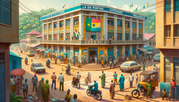 A full horizontal image of La Poste de Côte d’Ivoire Philatélie building, including local people, vehicles, and the Ivory Coast flag. The scene captures a vibrant street life in Ivory Coast. There are local people in a mix of traditional and modern attire, indicative of the diverse culture, walking and engaging in daily activities around the building. Some are entering the building, while others chat nearby. The streets are bustling with typical Ivorian vehicles like cars and motorbikes. The Ivory Coast flag is prominently displayed, either on a flagpole or on the building, symbolizing national pride. The building itself is a blend of modern and African architectural styles, with a colorful facade and large windows, set against a bright and sunny sky.