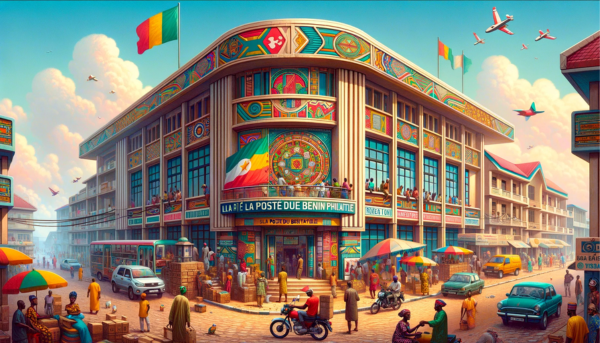 A full, horizontal image of La Poste du Bénin Philatélie building in Benin, ensuring the image fills the entire field without cropping the sides. The scene is vibrant, capturing the essence of daily life in Benin. The building reflects a blend of modern African architecture with traditional elements, characterized by bright colors and unique designs. People in a mix of traditional Beninese and contemporary attire are seen going about their daily activities, interacting near the entrance. Various local vehicles, including motorcycles and cars, are present, depicting the bustling street life. A Beninese flag is prominently displayed, symbolizing national pride. In the foreground of the image, subtly integrated into the scene, is the URL: https://www.cryptostampstop.com/, indicating a modern connection to philately and the digital world.