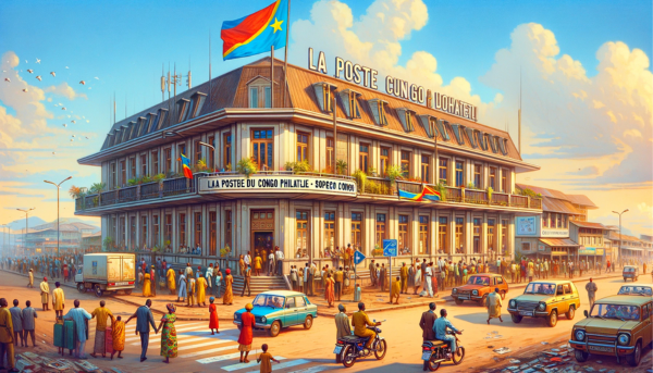 A horizontal, full-width image depicting La Poste du Congo Philatélie - SOPECO Congo building, ensuring the entire scene occupies the entire field without cropping the sides. This scene is bustling with local Congolese life, including people in a mix of traditional and contemporary clothing, engaging in various activities such as walking, conversing, and interacting with the surroundings. There are several local vehicles, including cars and motorcycles, indicative of a vibrant urban environment. Additionally, a prominent Congolese flag is visible, symbolizing national pride. In the foreground or sky of the image, the URL 'https://www.cryptostampstop.com/' is subtly integrated, adding a modern digital element to the traditional scene. The building itself showcases a mix of modern and traditional African architectural styles, with distinctive features such as a flat roof, large windows, and the entrance clearly marked with 'La Poste du Congo Philatélie - SOPECO Congo'.