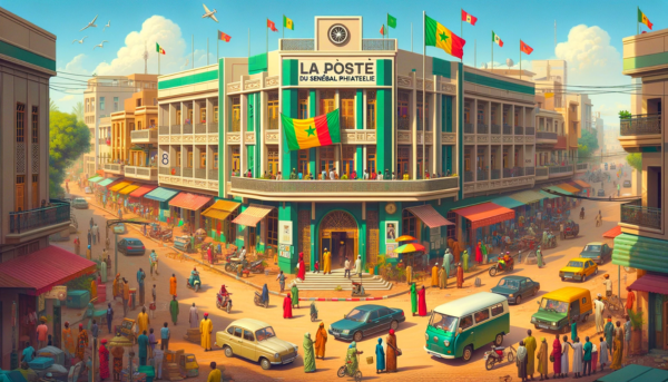 A horizontal image depicting La Poste du Sénégal Philatélie, with local people, vehicles, and the Senegalese flag. The scene is vibrant, reflecting the lively atmosphere of a Senegalese city. The building is a blend of modern and traditional African architectural styles, with colorful facades and a flat roof. People in a mix of traditional Senegalese and modern attire are seen engaging in daily activities, some walking by or conversing near the building. The streets are bustling with local vehicles like cars and motorcycles, typical of an urban setting in Senegal. Prominently displayed is the Senegalese flag, either on a flagpole or attached to the building, adding a sense of national identity to the scene. The sky is clear, offering a bright backdrop to the lively street view.