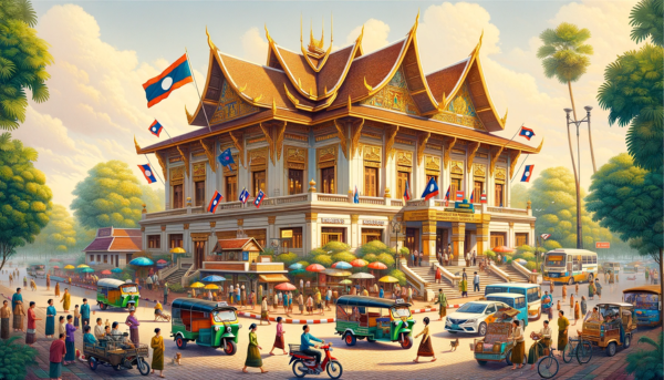 A full, horizontal image of the Lao National Postal Administration Philatelic building in Laos, filled with local elements. The scene is vibrant and bustling with local Laotian people, dressed in a mix of traditional Lao clothing and modern attire. They are seen walking, engaging in conversations, and going about their daily routines near the building. The streets are adorned with typical Laotian vehicles, including tuk-tuks, motorbikes, and bicycles, adding a lively and authentic feel to the scene. The Laotian flag is prominently displayed, either on a flagpole or hanging from the building, symbolizing national identity. The architecture of the building is a blend of traditional Lao design and modern construction, featuring intricate patterns and a distinct Southeast Asian style.