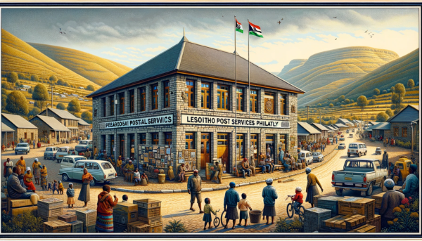 A horizontal, fully framed image depicting the Lesotho Postal Services Philately building. The building showcases a blend of modern and traditional Basotho architectural styles. It's a two-story structure with stone walls and a thatched roof, characteristic of Lesotho's heritage. The entrance is marked with a sign reading 'Lesotho Postal Services Philately'. The scene is lively with local Basotho people in traditional and modern clothing, reflecting the cultural diversity of Lesotho. They are seen walking, conversing, and carrying out daily activities around the building. The street is bustling with local vehicles like small cars and bikes. A Lesotho flag is prominently displayed on a flagpole or on the building, adding a sense of national identity to the setting. The entire image is well-framed, ensuring no part of the scene is cut off at the edges.