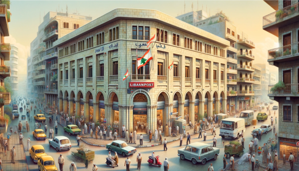 A full horizontal image of the LibanPost Philately building in Lebanon, without cropping the sides. The scene is bustling with local Lebanese life. People are dressed in a mix of traditional Lebanese attire and modern clothing, reflecting the cultural diversity of Lebanon. They are seen walking, talking, and conducting their daily routines around the building. The streets are filled with typical Lebanese vehicles, such as cars and scooters, adding a sense of liveliness. The Lebanese flag is prominently displayed, either on a flagpole or attached to the building, showcasing national pride. The architecture of the LibanPost Philately building combines modern design with traditional Lebanese elements, featuring a stone facade and arched windows.