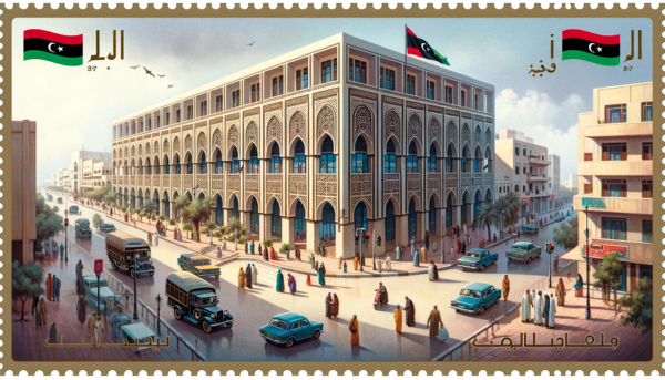 A horizontal, full-width image of the Libya Post building, part of the General Posts and Telecommunications Company Philatelic. The scene is set in an urban area of Libya, showcasing a modern building with a blend of Mediterranean and Islamic architectural influences. It's a spacious, multi-story structure with prominent arches and geometric patterns. The scene is lively with local Libyan people in a mix of traditional and contemporary attire, indicative of Libya's rich cultural heritage. They are seen walking, talking, and engaging in activities around the building. Streets are filled with local vehicles like cars and scooters. A Libyan flag is prominently displayed, either on a flagpole or on the building, adding a touch of national identity to the scene. The overall image captures the essence of Libyan urban life and architecture.