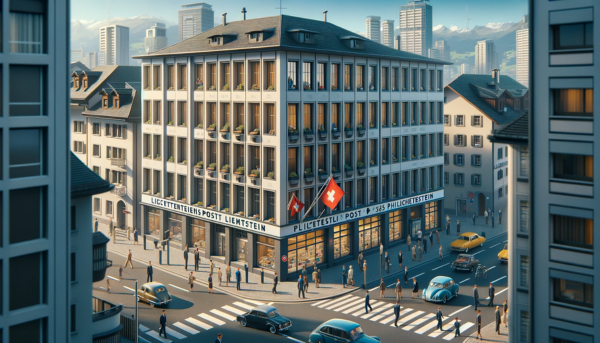 A full horizontal image of the Liechtensteinische Post Philatelie building, showcasing the entire scene without cropping the sides. The building reflects a blend of modern European architecture with traditional Liechtenstein influences. It's a medium-sized, two-story structure with clean lines, large windows, and a distinctive entrance marked with the sign 'Philately Liechtenstein'. The scene is bustling with local Liechtensteiners in various attire, some in business suits and others in casual wear, reflecting a typical day in Liechtenstein. The streets are lined with European-style vehicles like cars and bicycles. Prominently featured is the flag of Liechtenstein, either flying on a flagpole or displayed on the building, adding a touch of national pride. The setting is urban, with clear skies and well-maintained surroundings.