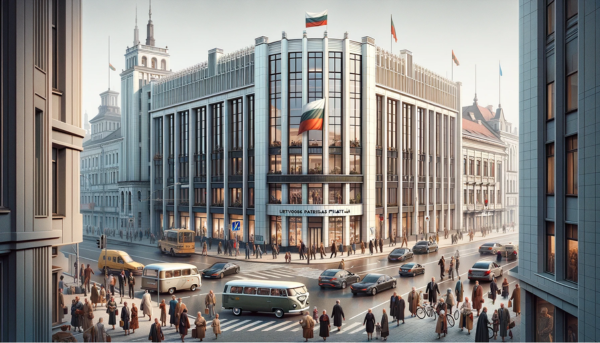 A horizontal, fully framed image of the Lietuvos Paštas Filatelija building in Lithuania, including local people, vehicles, and the Lithuanian flag. The scene captures the essence of a bustling Lithuanian street. The building reflects a blend of modern and traditional Baltic architectural styles, featuring clean lines and a combination of stone and glass materials. Local people are seen in various attire, reflective of the Lithuanian culture, going about their daily lives. Some are walking past the building, while others are entering it. Nearby, there are typical Lithuanian vehicles such as cars and bicycles. The Lithuanian flag is prominently displayed, either on a flagpole in front of the building or attached to its facade, adding a sense of national pride. The entire scene is lively yet orderly, encapsulating a typical day in Lithuania.