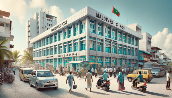 A horizontal, full-frame image of the Maldives Post Philatelic building in the Maldives, including local people, vehicles, and a Maldivian flag. The scene captures the essence of a bustling Maldivian street. The building reflects a modern tropical architectural style, with large windows and bright, inviting colors. Local people in both traditional and contemporary attire are seen walking, conversing, and engaging in daily activities near the building. The street is lined with typical Maldivian vehicles like scooters and compact cars. The Maldivian flag is prominently displayed, adding a patriotic touch to the lively scene. The sky is clear and sunny, typical of the Maldives' tropical climate.