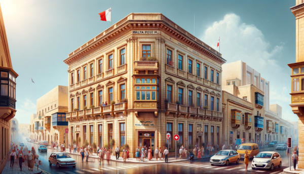 A horizontal, full-frame image of the MaltaPost Philately building, part of Malta Post PLC. This building reflects a blend of modern and traditional Maltese architectural styles. It's a medium-sized, two-story structure with limestone walls, a feature typical in Maltese architecture, and large glass windows. The scene is vibrant, featuring local Maltese people in various attire, reflecting the island's Mediterranean lifestyle. They are walking, chatting, and engaging in daily activities around the building. The streets are bustling with typical Maltese vehicles, including cars and motorcycles. A Maltese flag is prominently displayed, either on a flagpole or on the building itself, adding a patriotic touch to the lively urban setting. The Mediterranean atmosphere is enhanced by a clear, sunny sky.