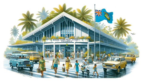 A horizontal image of the Mariana Islands Postal Authority Philatelic building in the Northern Mariana Islands, including local people, vehicles, and the flag. The building showcases a Pacific Island architectural style with light-colored walls, wooden accents, and a sloped roof. The surrounding area is lively with local residents and tourists in tropical attire. People are seen walking, chatting, and enjoying the island atmosphere. Various vehicles, typical of the islands such as small cars and scooters, are visible on the street. The flag of the Northern Mariana Islands is prominently displayed, either on a flagpole or on the building, adding a sense of local identity. The setting is tropical with clear skies and lush greenery around the building.