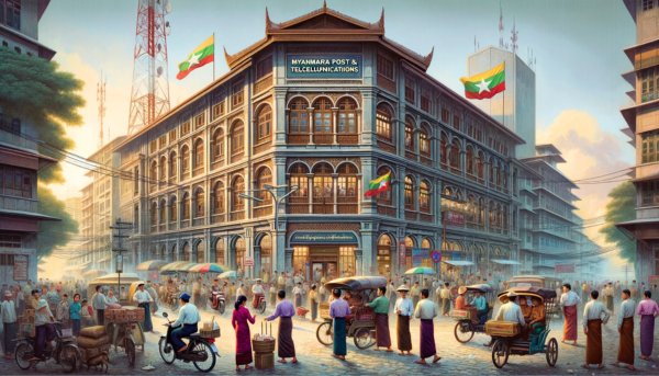 A horizontal image depicting the Myanma Posts & Telecommunications building, bustling with local activity. The scene captures the essence of Myanmar's urban life, with people in traditional Burmese attire and modern clothing. They are seen walking, talking, and engaging in various activities around the building. The street is filled with local vehicles, including motorbikes and traditional Burmese trishaws, reflecting the typical transportation modes in Myanmar. A Myanmar flag is prominently displayed in the scene, either on a flagpole or hanging from the building, symbolizing national pride. The building itself is a blend of modern and traditional Burmese architectural styles, featuring elements like ornate woodwork and large windows.