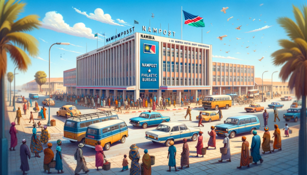 A horizontal image of the NamPost Philatelic Bureau in Namibia, including local people, vehicles, and the Namibian flag. The setting is vibrant and depicts daily life in an urban Namibian environment. The street is bustling with local people dressed in a mix of traditional African attire and modern clothing, engaging in various activities like walking, talking, and interacting near the building. The area is populated with typical Namibian vehicles, including cars and minibuses, adding to the lively atmosphere. The Namibian flag is prominently displayed, either on a flagpole or on the building, symbolizing national identity. The NamPost Philatelic Bureau building itself reflects a modern African architectural style, with clean lines and large windows, set against a clear blue sky.