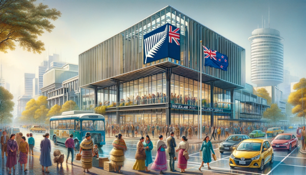 A horizontal image depicting the New Zealand Post Philatelic Service building, now including local people and vehicles. The scene captures the vibrant atmosphere of a New Zealand city street. There are people in various outfits, some wearing business attire and others in casual clothes, walking and interacting near the building. The street is busy with typical New Zealand vehicles like cars and bicycles, reflecting the daily hustle of the city. The New Zealand flag is prominently displayed, either on a flagpole or on the building, symbolizing national identity. The building itself is modern, with a sleek design featuring glass and steel, characteristic of contemporary New Zealand architecture.