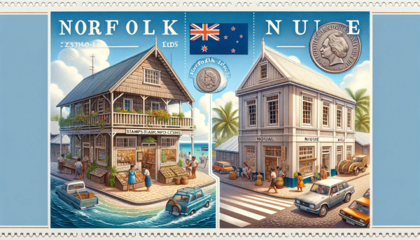 A horizontal image depicting two separate scenes side by side. On the left, the Norfolk Island Stamps and Coins building on Norfolk Island, and on the right, the Niue Philatelic and Numismatic Company building in Niue. Both buildings reflect their local architectural styles. The Norfolk Island building is quaint, with a rustic look, featuring wood construction and a pitched roof. The Niue building has a more tropical design, with light-colored walls and a wide entrance. In both scenes, local people are present, some in traditional attire, others in casual wear. The streets are lively with local vehicles like cars and bicycles. Each scene prominently displays its respective local flag: the Norfolk Island flag and the Niue flag.