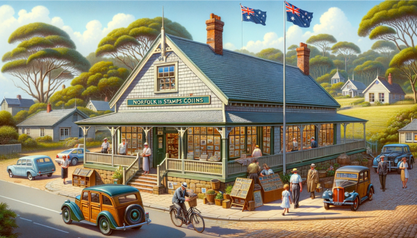 A horizontal image depicting the 'Norfolk Island Stamps and Coins' building on Norfolk Island. The building is a quaint, single-story structure with a rustic charm, featuring a combination of wooden and stone elements. It has large display windows and a welcoming entrance. The scene is lively with locals and tourists, some browsing through displayed items and others just walking by. Nearby, there are typical Norfolk Island vehicles like small cars and bicycles, adding a sense of local life. The Norfolk Island flag is displayed prominently, either on a flagpole or on the building, symbolizing the island's unique heritage. The setting is serene, with lush greenery typical of Norfolk Island, under a clear blue sky.