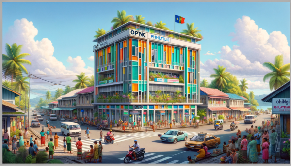 A horizontal image depicting the OPTNC Philatélie building in New Caledonia, bustling with local life. The building itself reflects a unique blend of French and South Pacific architectural styles, with bright, tropical colors and a modern design. It's a two-story structure with large windows and a prominent entrance. The scene around the building is vibrant with local New Caledonian people in a mix of traditional Melanesian and modern attire. There are various local vehicles, such as cars and scooters, parked or moving along the street. The New Caledonian flag is displayed prominently, adding a touch of local pride to the scene. The backdrop includes tropical trees and a clear sky, typical of the South Pacific island atmosphere.