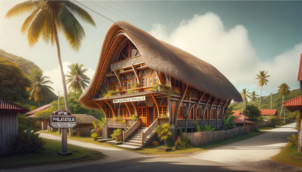 A horizontal image depicting the OPTNC Philatélie building from Wallis and Futuna. This building showcases a unique blend of traditional Pacific Island and modern architectural styles. It's a one-story structure with a sloping, thatched roof and walls made of natural materials like wood and bamboo, combined with modern elements like glass windows. The entrance is marked by a sign that reads 'OPTNC Philatélie'. The surrounding area is tropical, with palm trees and lush greenery. The sky is clear and sunny, reflecting the warm and serene atmosphere of Wallis and Futuna. The building is situated in a small, peaceful street, typical of the island's relaxed lifestyle.