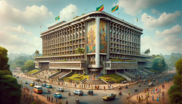 A wide, horizontal image capturing the entire scene of the Office des Postes et Télécommunications de la République Démocratique du Congo Philatélie. This building is a magnificent example of African modernist architecture, combining both functionality and aesthetic appeal. It's a large, multi-story structure with a flat roof, large windows, and walls adorned with art reflecting Congolese culture. The front of the building is bustling with activity: local people in a mix of traditional Congolese and modern clothing are walking, talking, and going about their daily lives. There are various local vehicles parked and driving by, including motorcycles, small cars, and buses. Prominently featured in the scene is the flag of the Democratic Republic of the Congo, either flying on a flagpole or displayed on the building, symbolizing national pride. The surroundings are vibrant, with urban life and greenery blending seamlessly.