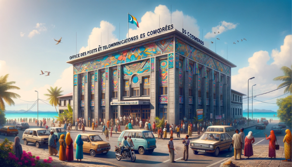 A horizontal, full-width image showcasing the Office des Postes et Télécommunications des Comores Philatélie, also known as SNPT Comoros. This building is a blend of modern and traditional Comorian architecture, featuring a facade that combines local stone with vibrant, colorful designs reflective of the Comoros' cultural heritage. The scene is bustling with activity, including local people in both traditional and contemporary attire. They are seen engaging in various activities such as walking, talking, and using the postal services. Nearby, typical Comorian vehicles like small cars and motorcycles are parked or moving along the street. The Comorian flag is prominently displayed, adding a sense of national pride to the setting. The sky is clear and blue, highlighting the tropical environment. In the image, the URL 'https://www.cryptostampstop.com/' is subtly incorporated, suggesting a digital connection to philately.