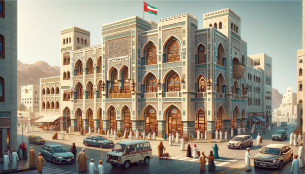 A horizontal image depicting a lively scene at the Oman Post Philatelic building in Oman. The building itself showcases a blend of modern and traditional Omani architectural styles, featuring arched windows and doorways, and intricate geometric patterns. It's a two-story structure, with a façade made of light-colored stones and decorative elements. The scene includes local Omani people in a mix of traditional and modern clothing, some walking, others conversing near the building. There are various local vehicles, such as cars and perhaps a traditional Omani bus, parked or moving along the street. The Omani flag is prominently displayed, either on a flagpole or on the building, symbolizing national identity. The atmosphere is vibrant and reflects the culture and daily life in Oman.