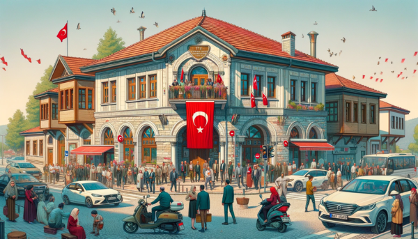 A horizontal image depicting the PTT AŞ Filateli building in Turkey, including local people, vehicles, and the Turkish flag. The scene shows a vibrant street in Turkey with people in a mix of traditional Turkish and modern attire. They are engaging in various activities like walking, talking, and some entering or leaving the building. The street is bustling with typical Turkish vehicles, including cars and scooters. The Turkish flag is prominently displayed, either on a flagpole or on the building, symbolizing national pride. The PTT AŞ Filateli building itself reflects a blend of contemporary and traditional Turkish architectural styles, with distinct features like a red-tiled roof and ornate stone detailing.