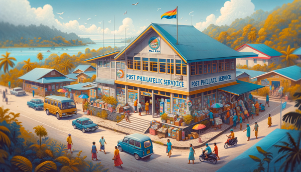 A horizontal image of the Palau Post Philatelic Service building, bustling with local activity. The building showcases a tropical, Pacific Island architectural style, with a sloping roof, large windows, and made primarily of wood. It’s a small, one-story building, painted in bright, inviting colors that reflect the vibrant culture of Palau. The scene includes local Palauan people in colorful attire, some walking and others interacting near the building. The area is lively with local vehicles, such as small cars and scooters, typical of the island's transport. Prominently featured is the flag of Palau, displayed either on a flagpole or on the building, adding a patriotic touch. The surrounding environment is lush with tropical vegetation, under a clear, sunny sky.