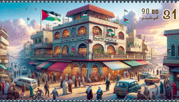 A horizontal image of the Palestine Post Philatelic building, showcasing local life in Palestine. The scene is vibrant and full of activity, with Palestinian people in a mix of traditional and contemporary attire. They are seen walking, talking, and going about their day-to-day activities in the vicinity of the building. The streets are bustling with local vehicles, including cars and bicycles, adding a sense of movement and energy to the image. Prominently displayed in the scene is the Palestinian flag, either flying on a flagpole or draped on the building, symbolizing national identity. The architecture of the building is a blend of modern and traditional Middle Eastern styles, reflecting the cultural heritage of Palestine.