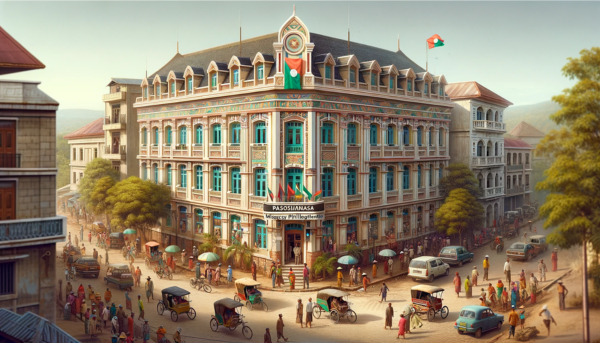 A horizontal, full-field image of the Paositra Malagasy Philatélie building in Madagascar, bustling with local life. The building exhibits a blend of modern and traditional Malagasy architectural styles, characterized by a colorful facade and decorative motifs. It is a two-story structure with wide windows and a prominent entrance, where the name 'Paositra Malagasy Philatélie' is clearly displayed. The scene around the building is lively with Malagasy people in a variety of colorful attire, indicative of the local culture. There are various local vehicles, including rickshaws and small cars, lining the streets and in motion. Additionally, the Malagasy flag is visible, either flying on a flagpole or displayed on the building, adding a sense of national pride. The setting is an urban street in Madagascar, with tropical trees and a clear sky.