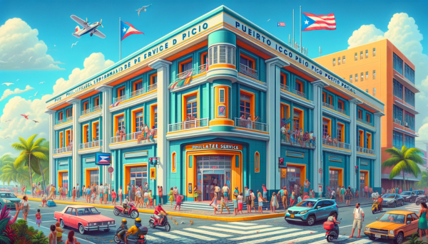 A horizontal image depicting the Philatelic Service of Puerto Rico Postal building, bustling with people and local vehicles. The building is designed in a modern Caribbean style, featuring bright, colorful facades and large windows. It's a medium-sized, two-story structure, reflecting the vibrant architectural trends of Puerto Rico. The scene is lively, with local people in a mix of tropical attire and business casual, engaging in various activities around the building. Some are entering and exiting, while others are just passing by. The street is lined with typical Puerto Rican vehicles, such as compact cars and scooters. A Puerto Rican flag is prominently displayed, either on a flagpole or on the building, symbolizing local pride. The sky is sunny with a few fluffy clouds, typical of a Caribbean atmosphere.