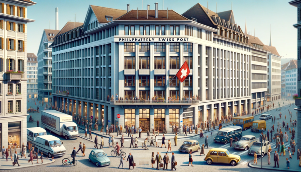 A horizontal image depicting the Philately Swiss Post building in Switzerland, bustling with people and local vehicles. The scene captures the essence of Swiss urban life. People in a mix of professional and casual attire are seen walking, engaging in conversations, and going about their daily routines. Some are entering and exiting the building, while others are simply enjoying the day. The streets are lined with typical Swiss vehicles such as compact cars and bicycles. Prominently featured is the Swiss flag, either flying on a flagpole or displayed on the building. The architecture of the building is a blend of modern and traditional Swiss styles, with clean lines, large windows, and a structured facade, set against a backdrop of a clear blue sky.