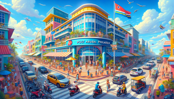 A horizontal, full-width image depicting Post Aruba Philately, ensuring the scene fills the entire frame without cropping the sides. The setting is vibrant and lively, capturing the essence of Aruba. The building embodies a blend of modern and Caribbean architectural styles, featuring bright colors and a welcoming entrance. In the foreground, local people in tropical attire and tourists mingle, reflecting Aruba's diverse and welcoming culture. Various local vehicles, such as cars and scooters, are parked or moving along the nearby road. The Aruban flag waves prominently in the scene, symbolizing national pride. The image is lively, filled with sunshine and the clear blue sky typical of Aruba. The URL 'https://www.cryptostampstop.com/' is subtly integrated into the scene, perhaps displayed on a sign or digital billboard within the bustling environment.